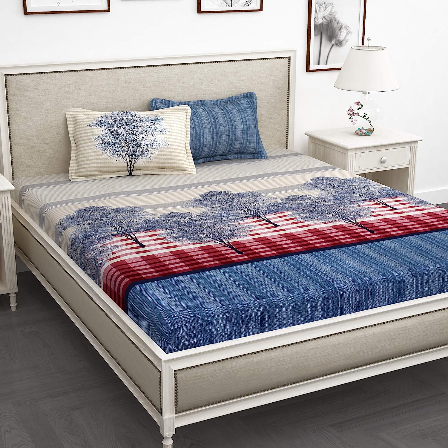 Story@Home King Size Bedsheet Cotton with 2 Pillow Cover Abstract (Blue and Cream)